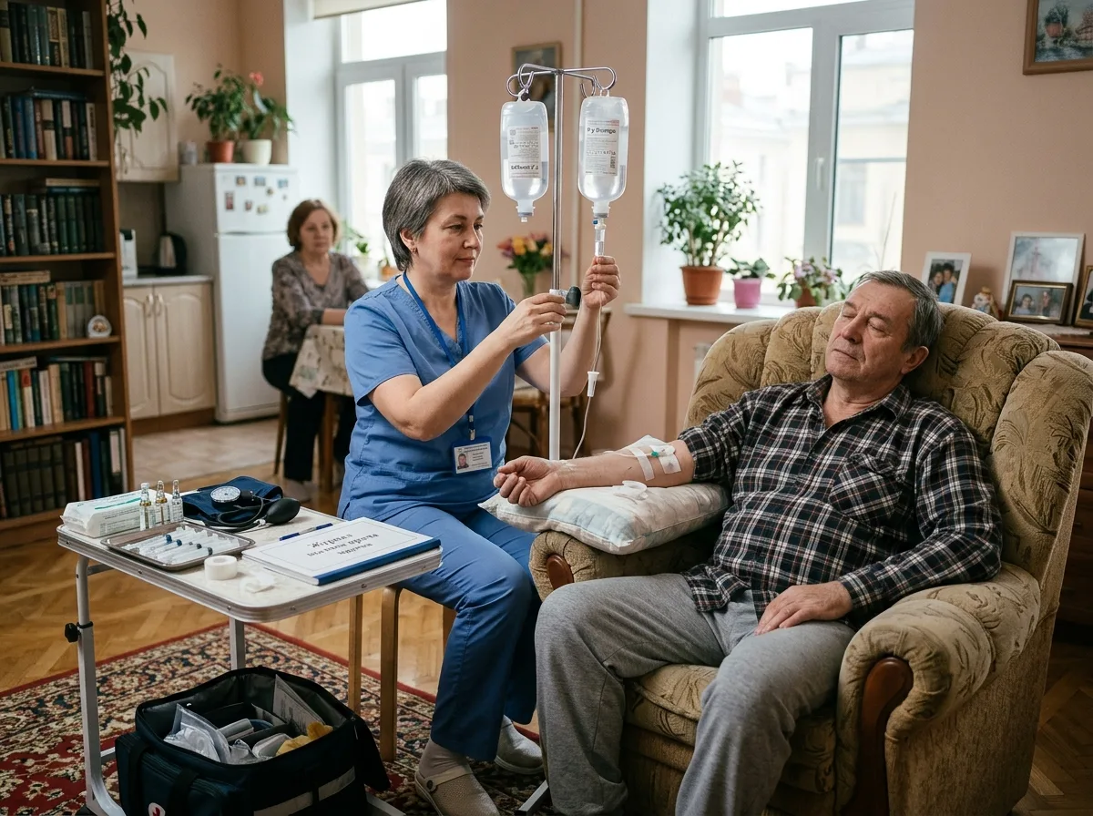 Нарколог ставит капельницу пациенту в домашних условиях, выезд на дом, профессиональное оборудование, спокойная атмосфера