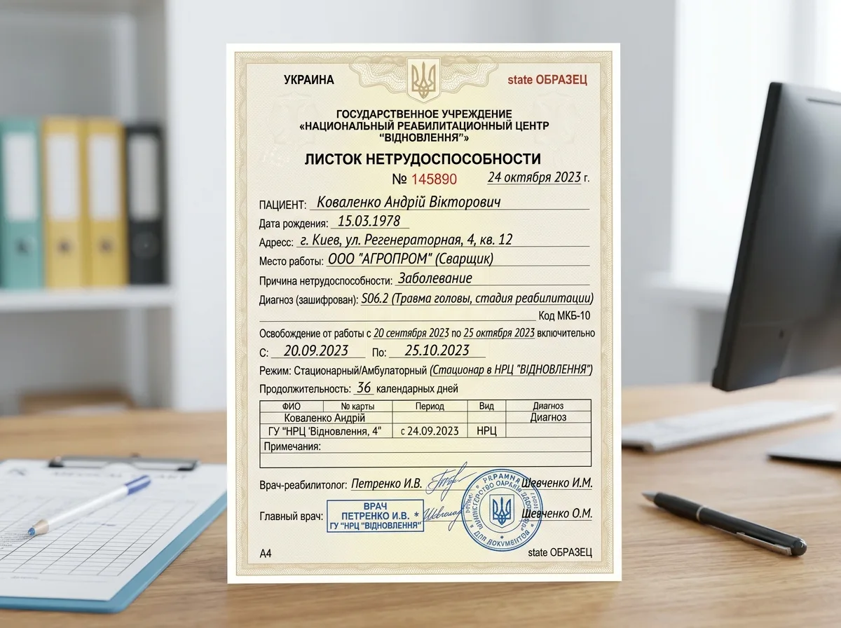 Больничный лист пациента реабилитационного центра — официальный медицинский документ государственного образца